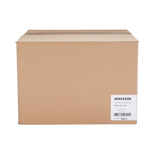 Disposable underpad case in sealed brown cardboard shipping box with McKesson label and barcode on side