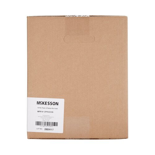 McKesson disposable underpad case in plain brown cardboard box with white label and barcode