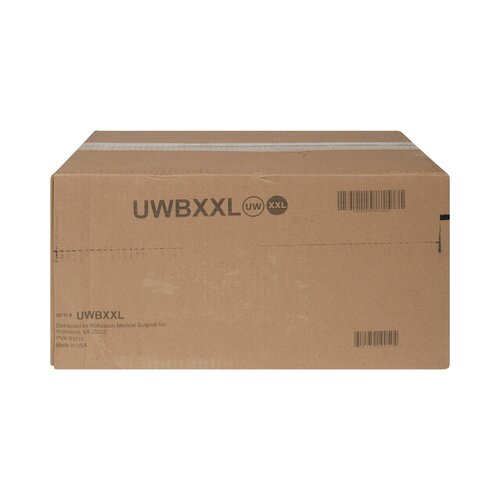 Cardboard shipping box labeled UWBXXL for McKesson adult 2X-large unisex absorbent underwear, made in USA
