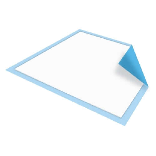 Disposable underpad with white absorbent top surface and light blue waterproof backing, corner folded to show both layers