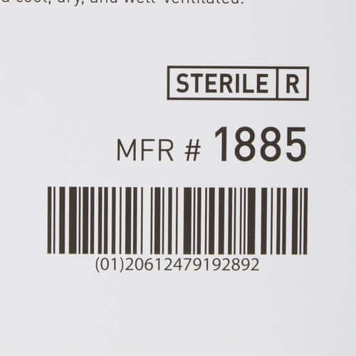 Hydrocolloid dressing packaging label showing Sterile R designation, MFR number 1885, and barcode