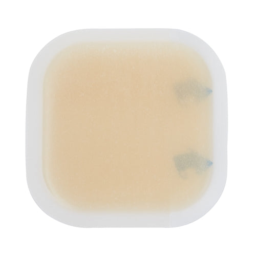 Hydrocolloid wound dressing with white waterproof film border and tan gel center, square shape, top view on white background