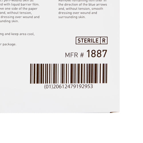 Sterile wound dressing packaging back panel showing barcode, MFR number 1887, and application instructions