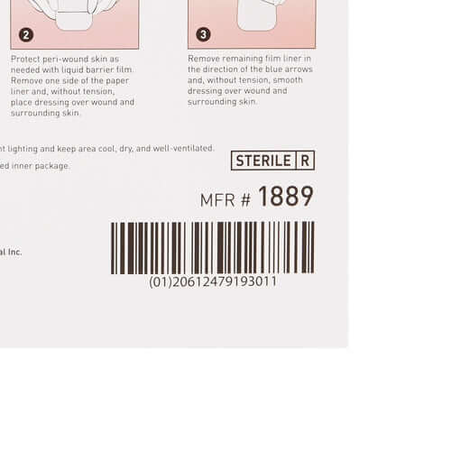 Hydrocolloid dressing packaging showing sterile label, application instructions with diagrams, barcode, and MFR number 1889