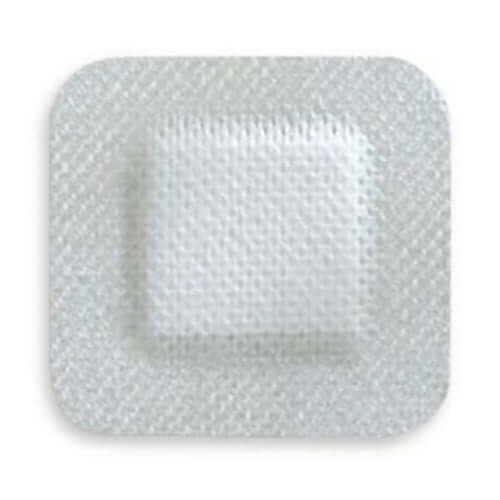 Adhesive island dressing with white gauze pad center on nonwoven backing, square shape, shown on white background