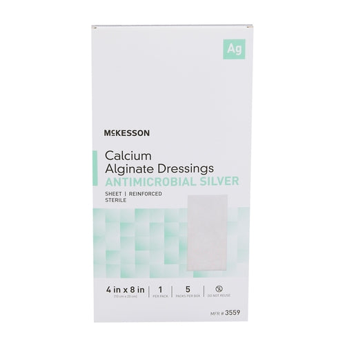 McKesson Calcium Alginate Dressings box with Antimicrobial Silver label, 4x8 inch, sterile sheet dressing, white packaging
