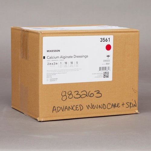 Calcium alginate dressings in a cardboard box labeled McKesson, item 3561, marked Advanced Wound Care + Skin
