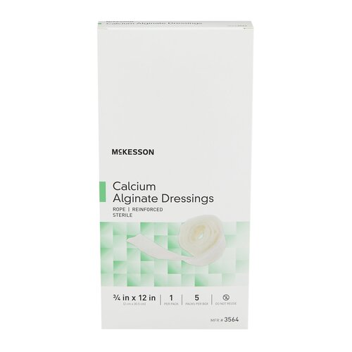 McKesson Calcium Alginate Dressings box showing rope-style sterile wound dressing, white packaging with green accents, 3/4 x