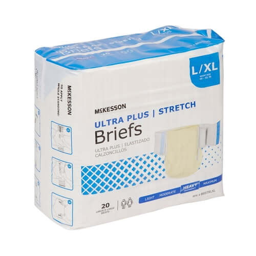 McKesson Ultra Plus Stretch incontinence briefs package, size L/XL, count of 20, heavy absorbency level shown on label