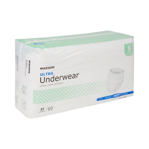 McKesson Ultra absorbent underwear package, size small, 22 count, heavy absorbency, white packaging with green accents