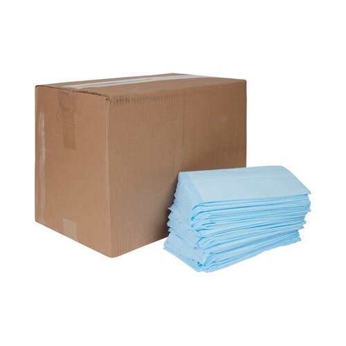 Disposable underpads in light blue stacked beside a brown cardboard bulk shipping box