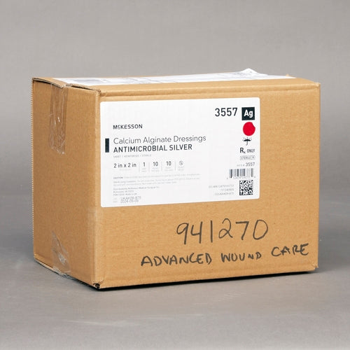 Calcium alginate wound dressing box labeled Antimicrobial Silver, item 3557, with handwritten inventory markings on