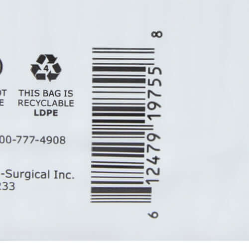 Incontinence brief packaging back panel showing barcode, recycle symbol, and LDPE recyclable bag notice