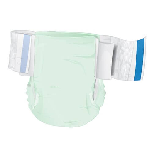 Adult incontinence brief in light green with white stretch tabs and blue refasten indicators, shown open flat from the front
