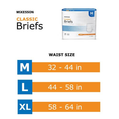McKesson Classic Briefs package with size chart showing M, L, and XL waist measurements in inches