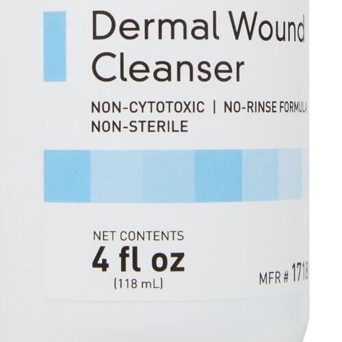 Wound cleanser squeeze bottle label showing non-cytotoxic, no-rinse, non-sterile formula in 4 fl oz (118 mL)