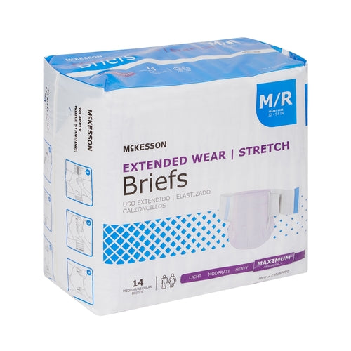 McKesson Extended Wear Stretch Briefs package, medium/regular size, 14 count, maximum absorbency, white and blue packaging