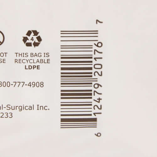 Incontinence brief packaging back panel showing barcode, recycle symbol, and LDPE recyclable bag label