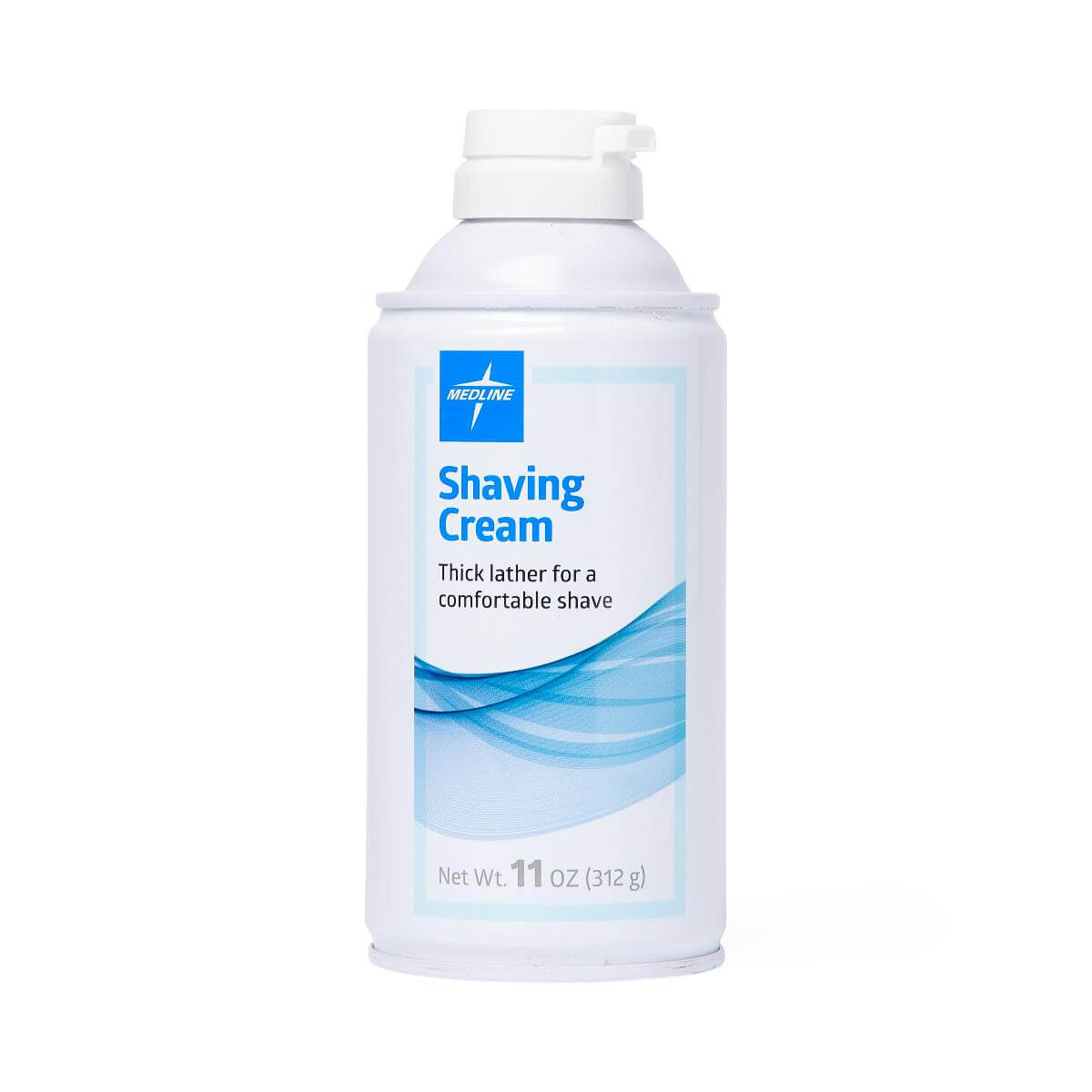 Shaving cream in a white aerosol can with pump top, labeled Medline Shaving Cream, 11 oz, with blue wave design