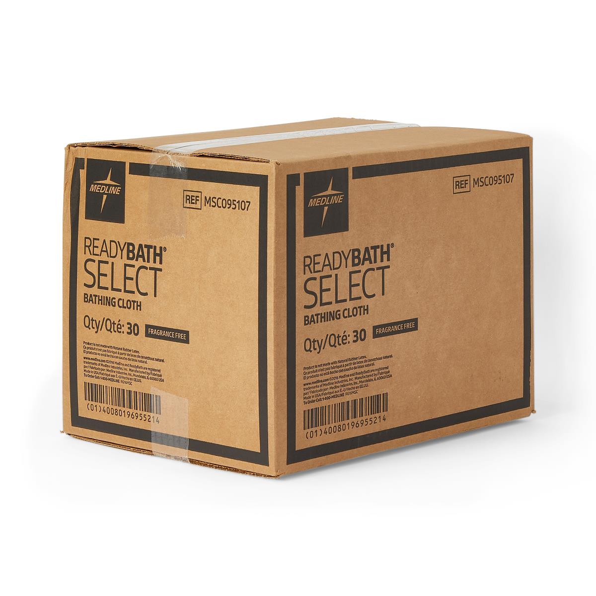 Bathing cloth wipes in a brown cardboard box labeled ReadyBath Select, fragrance free, quantity 30, by Medline