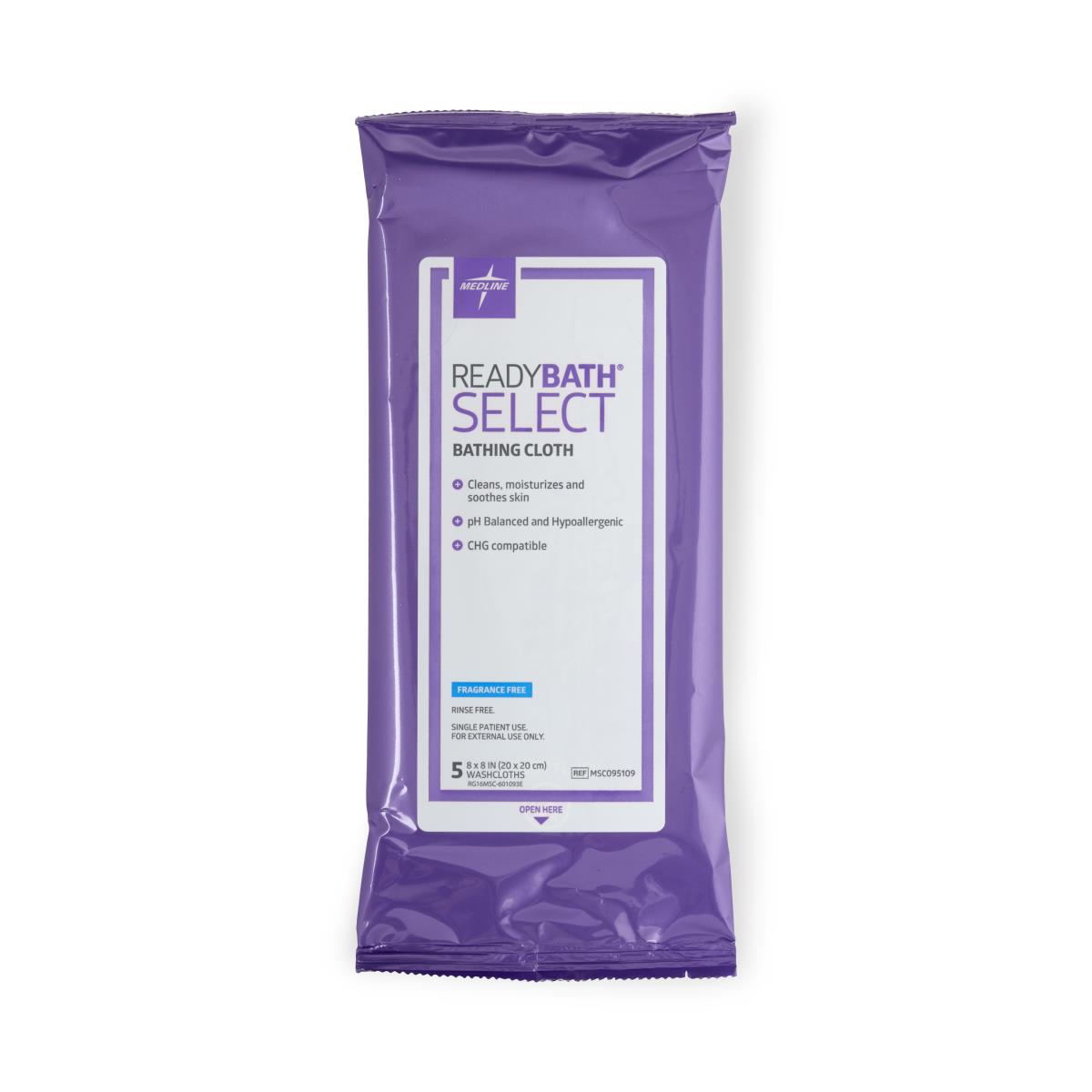 Disposable bathing washcloths in a purple ReadyBath SELECT fragrance-free package containing 5 pre-moistened cloths