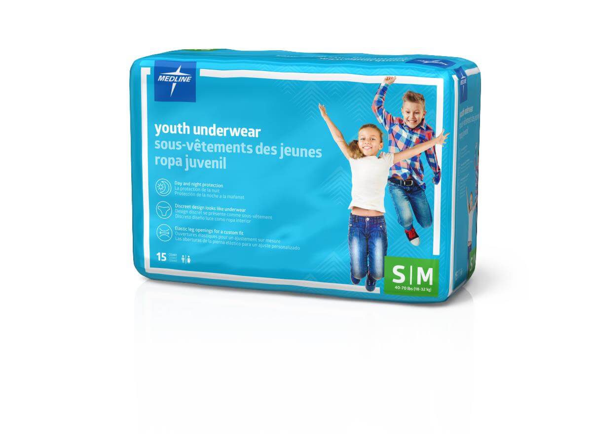 Youth disposable underwear package in size S/M, teal bag with two jumping children, 15-count