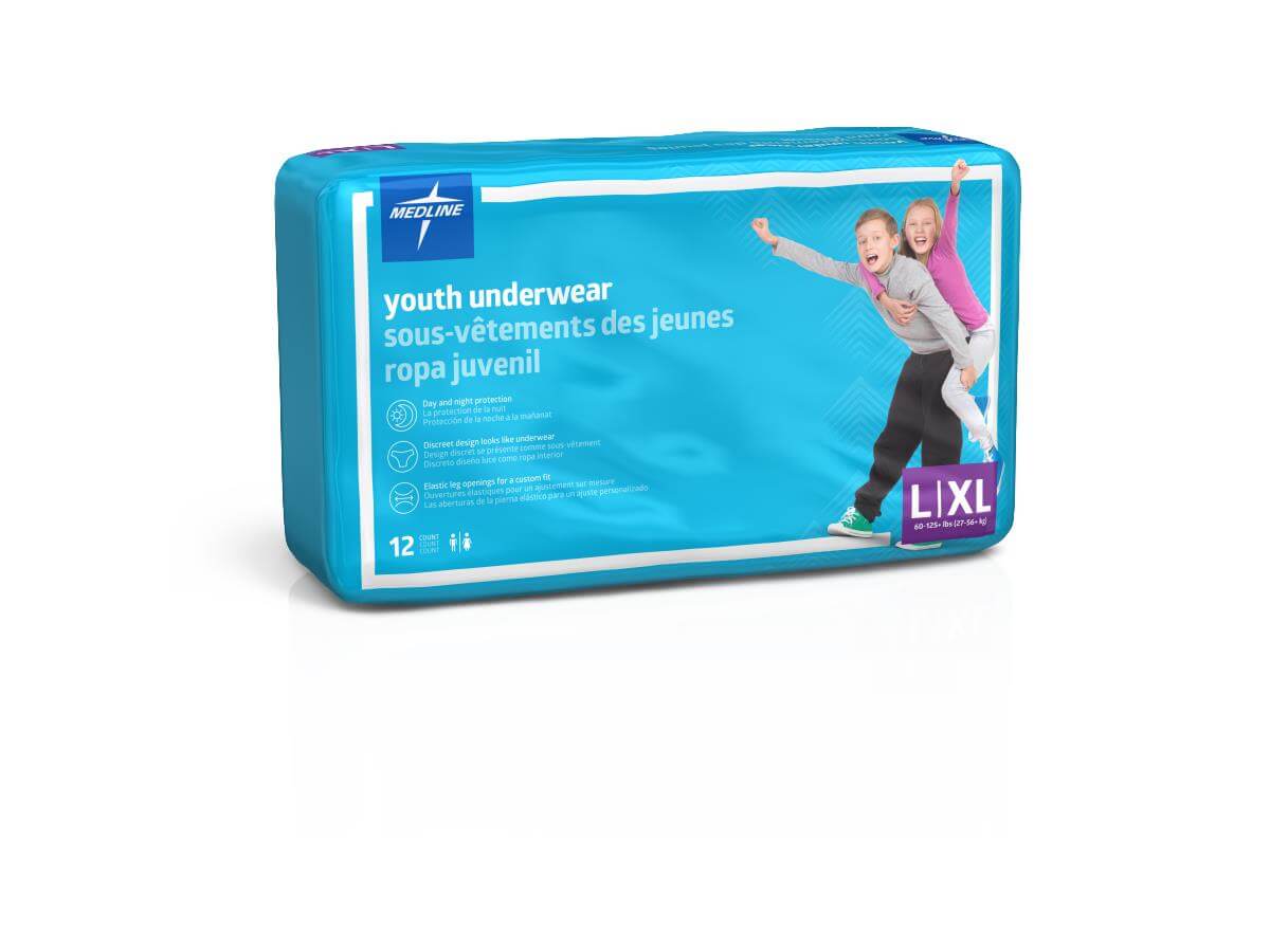 Medline disposable youth underwear package in blue, size L/XL, 12 count, with two children pictured on packaging