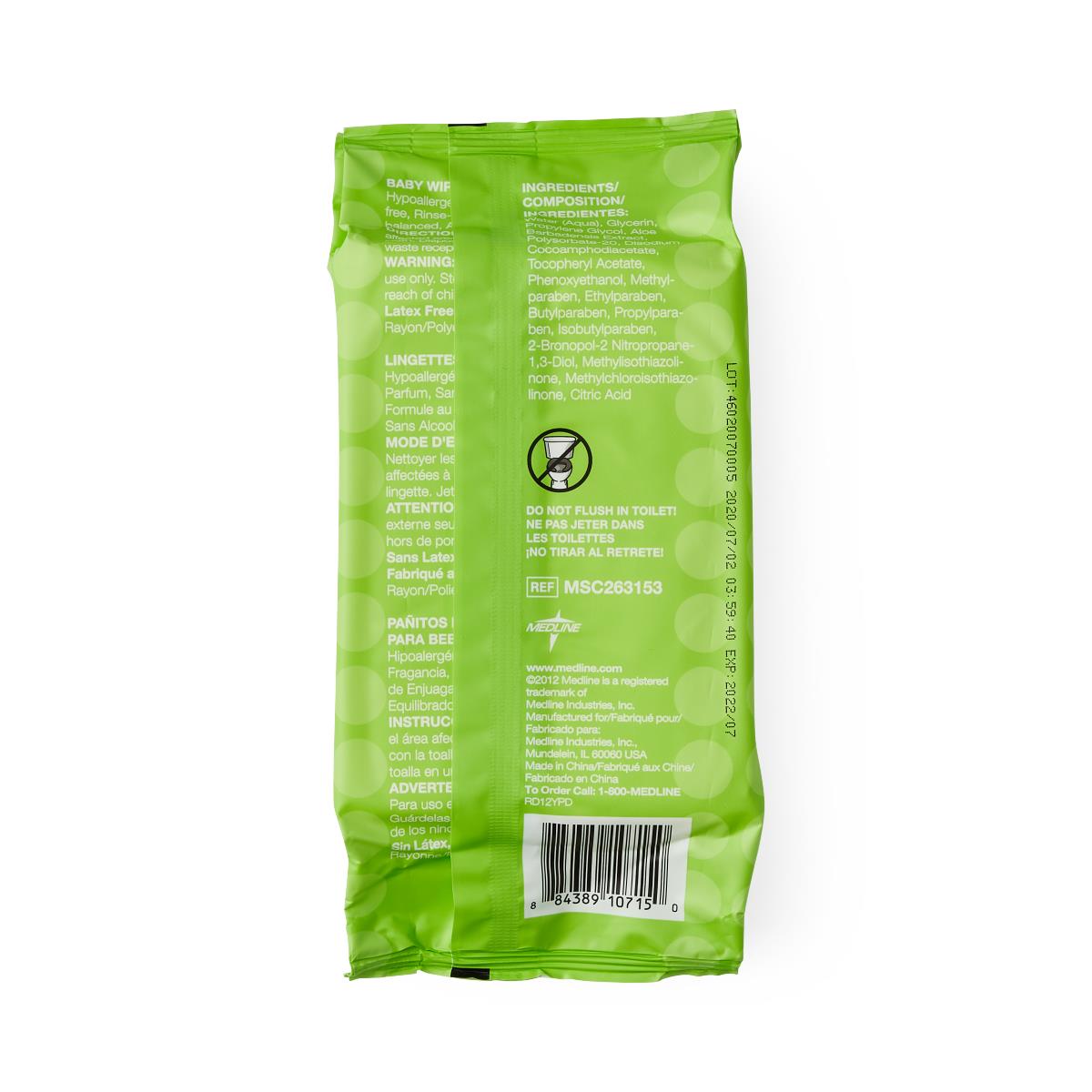 Hypoallergenic fragrance-free baby wipes package back panel showing ingredients list, warnings, and barcode on bright green