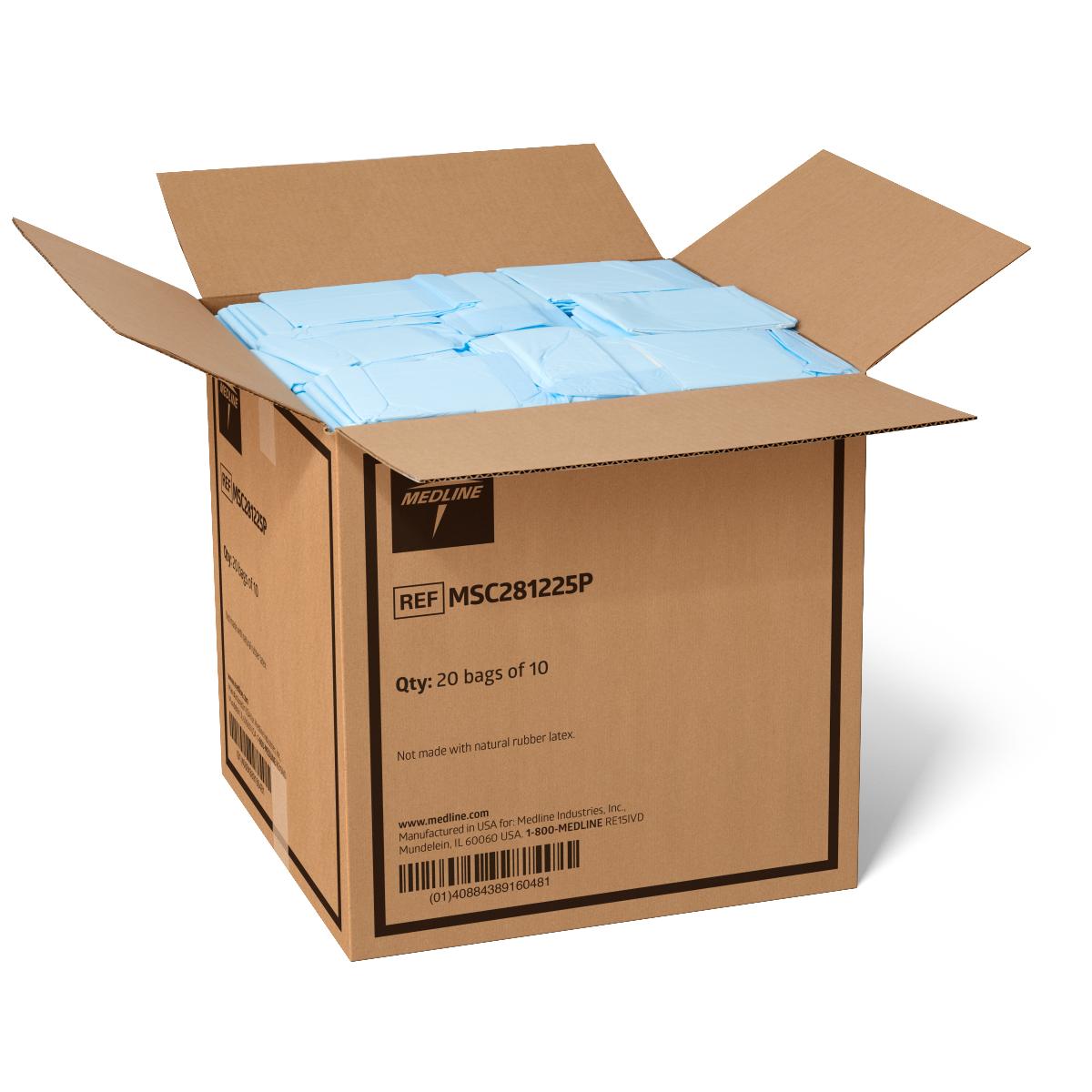 Disposable underpads in light blue filling an open cardboard box containing 20 bags of 10 pads