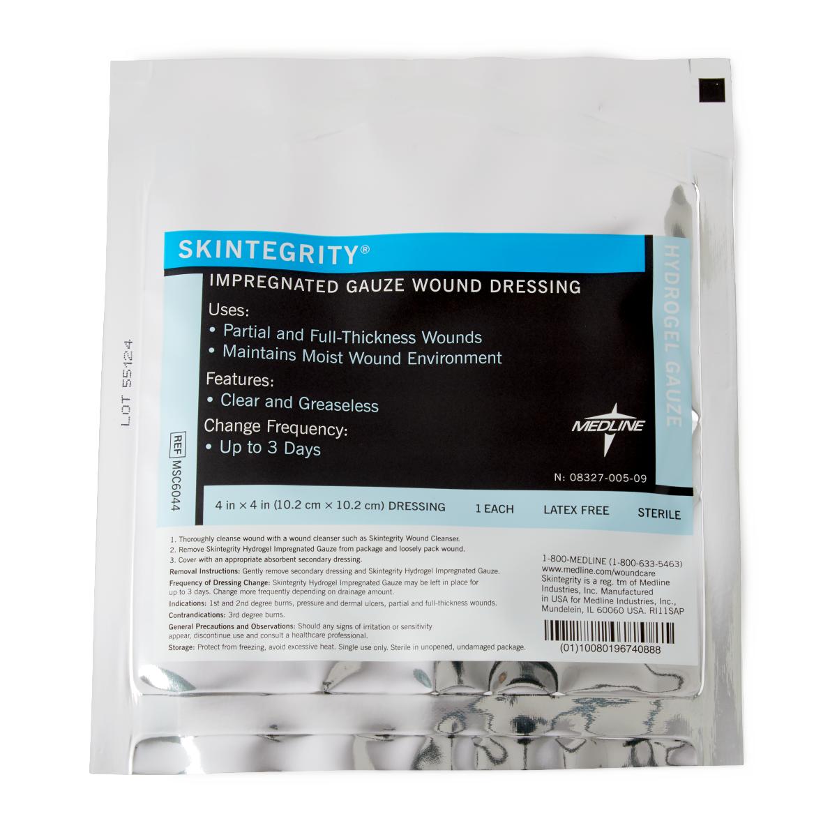 Hydrogel impregnated gauze wound dressing in sealed sterile foil packaging with black and blue label, 4x4 inch, latex free