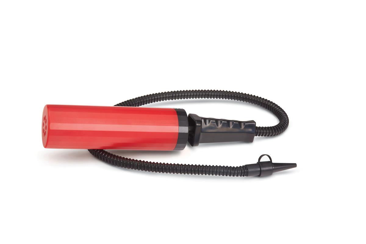 Hand pump with red cylinder body and black flexible hose with nozzle tip, for inflating air pressure pads