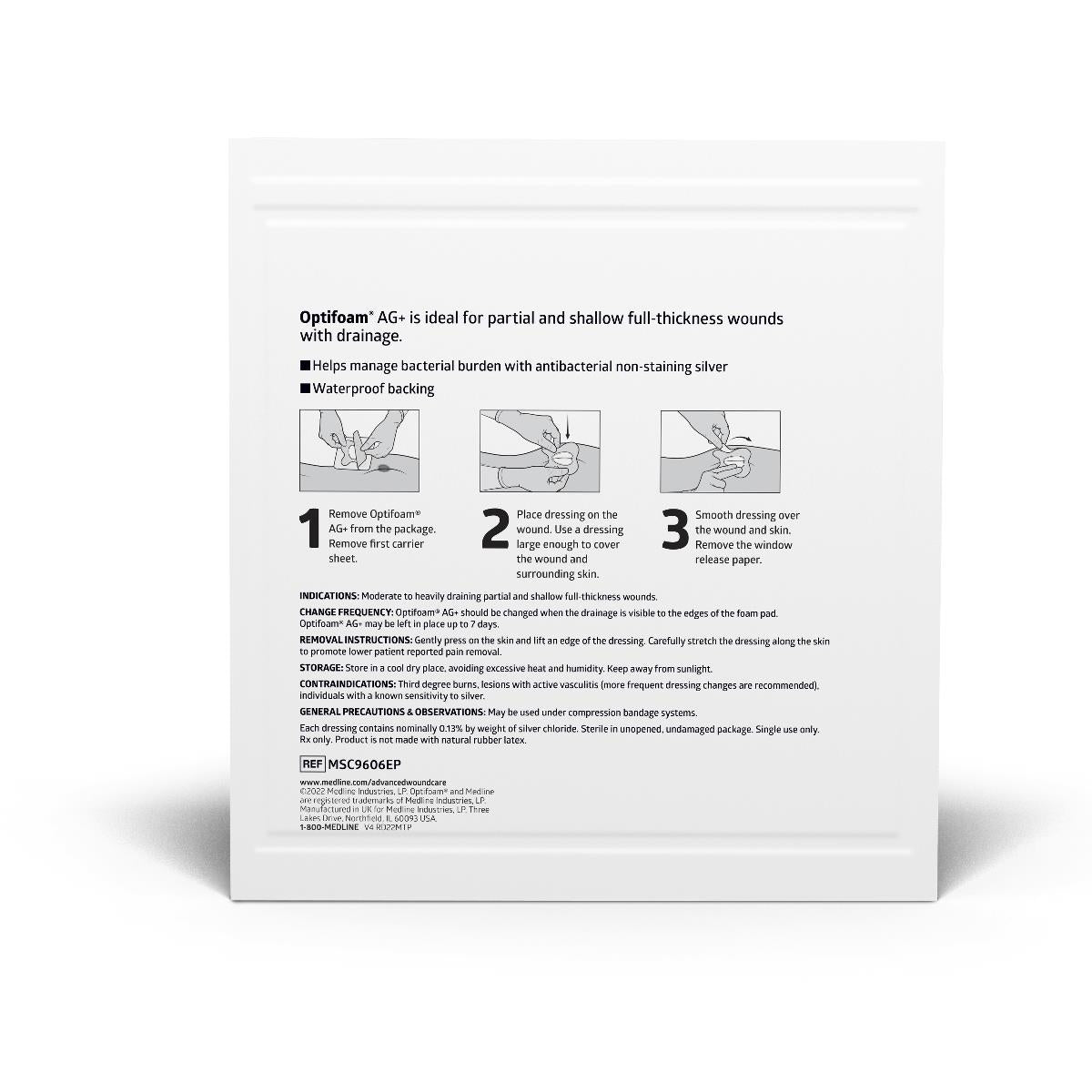 Optifoam AG+ adhesive wound dressing packaging back panel showing three-step application instructions and product details