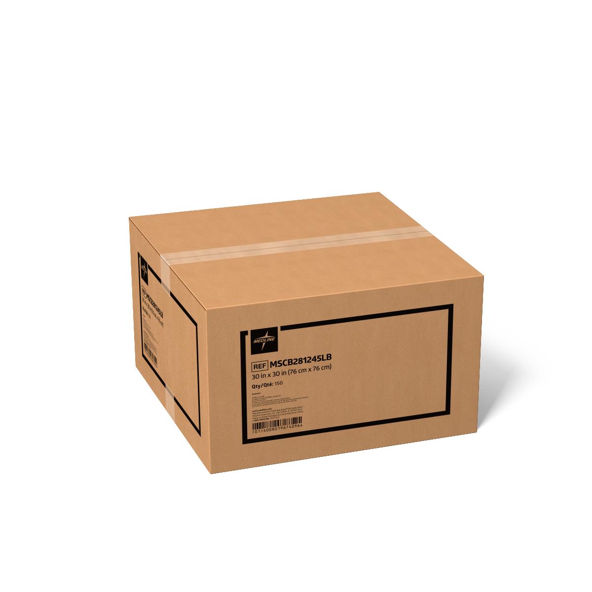 Disposable underpads bulk case, sealed brown corrugated cardboard box with product label, quantity 150, 30x30 inches