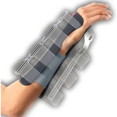 Wrist fracture brace with rigid plastic side panels and gray fabric straps worn on a forearm and hand