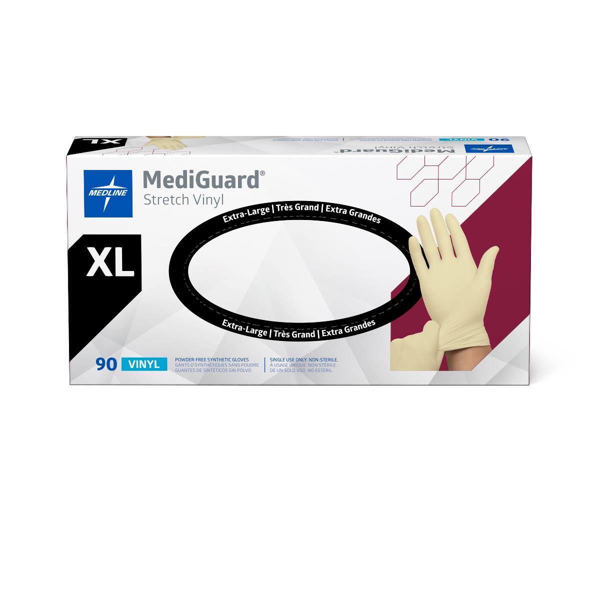 Medline MediGuard Stretch Vinyl powder-free exam gloves box, XL size, 90 count, showing a gloved hand on white background
