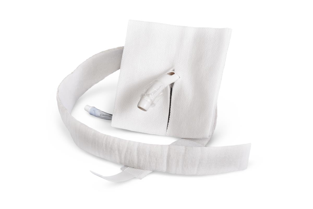 Gauze drain sponge with pre-cut drain slot, attached tube connector, and white fabric securing strap on white background