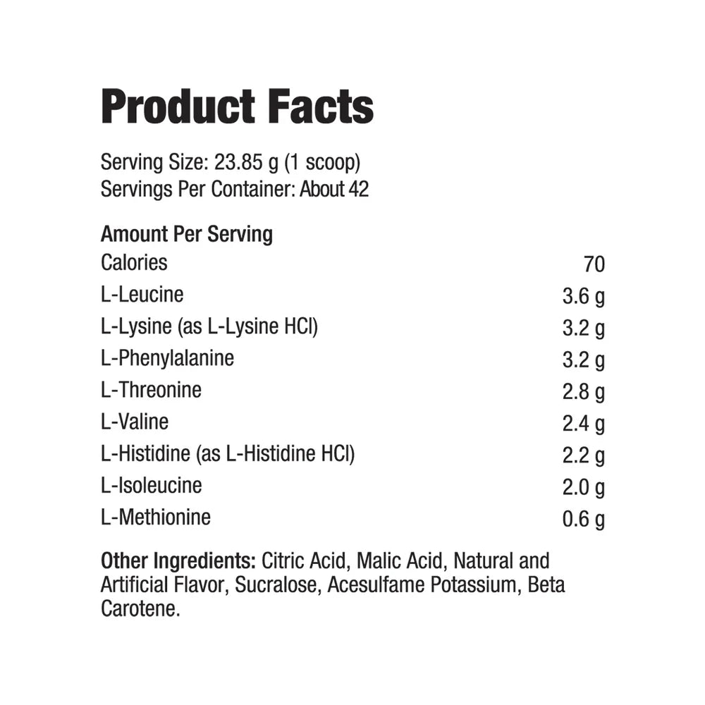 Supplement product facts label showing serving size, calories, amino acid amounts, and other ingredients per scoop