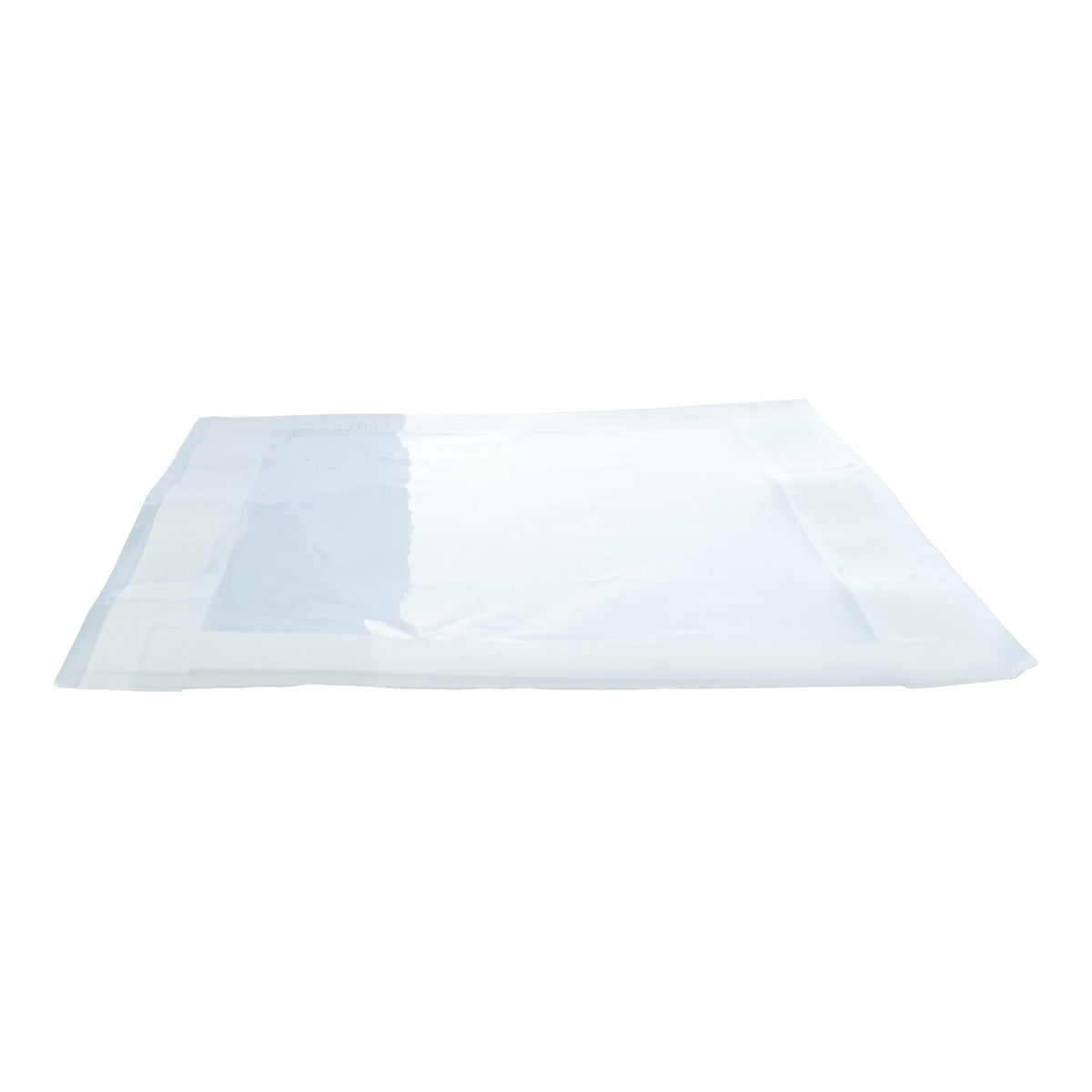 Moisture barrier protector pad lying flat, white with a clear plastic surface and folded edges, shown on white background