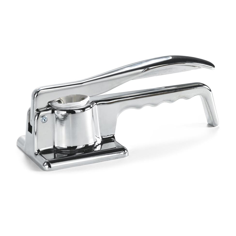 Pill crusher with die-cast chrome finish, lever-handle design, and cylindrical crushing chamber on a flat base