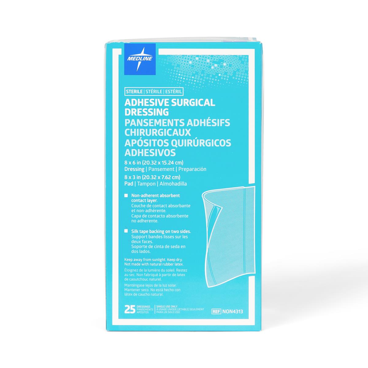 Adhesive surgical dressing box from Medline, teal packaging, box of 25 sterile single-use dressings with multilingual