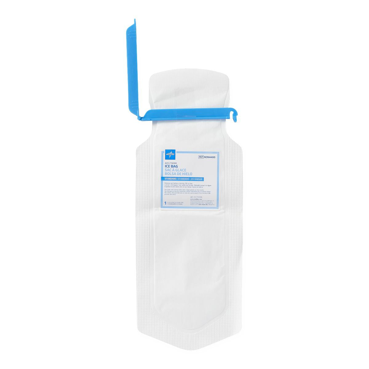Refillable ice bag with blue clamp closure, white fabric exterior, label on front, shown upright on white background