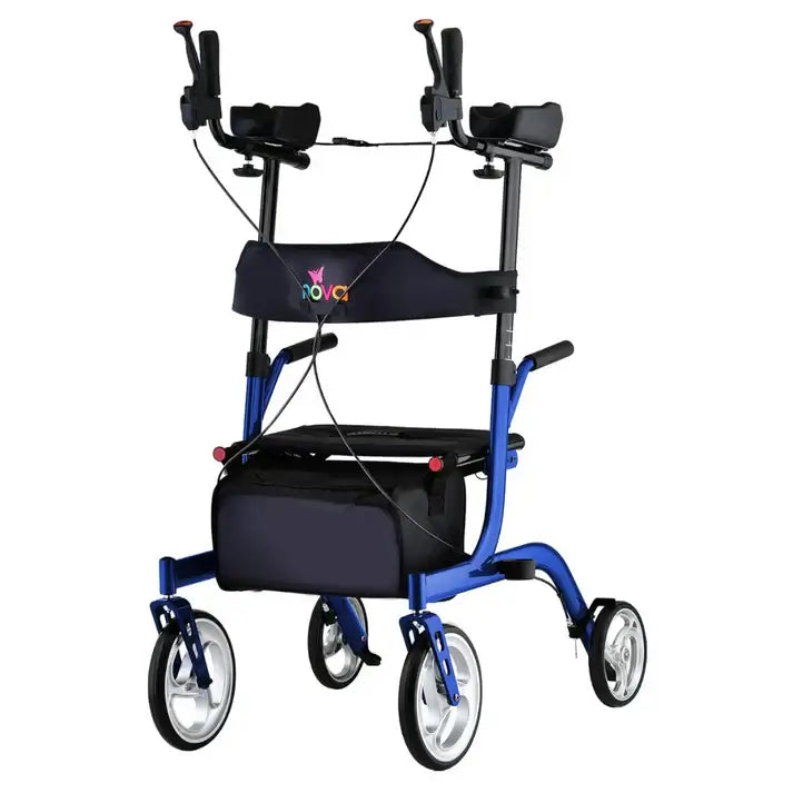 Upright rollator walker with padded forearm rests, hand brakes, padded seat, underseat bag, and four wheels in blue frame