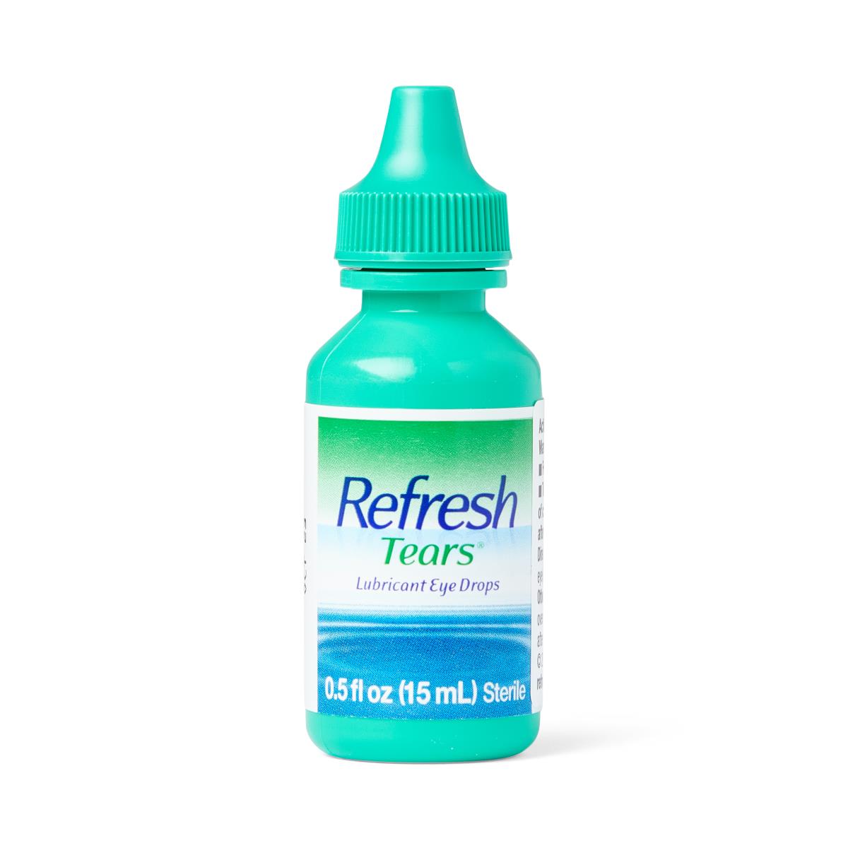 Refresh Tears Lubricant Eye Drops in a teal 15 mL dropper bottle with twist cap on white background