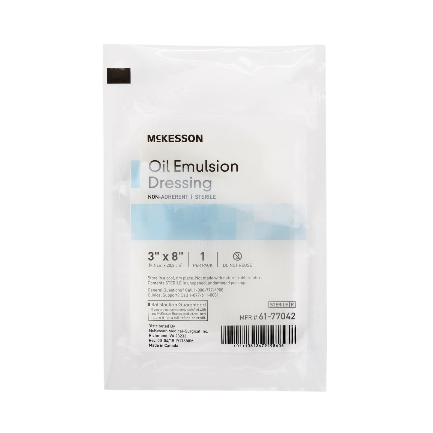 Oil emulsion impregnated dressing in sealed sterile white packaging labeled McKesson, 3 x 8 inch, non-adherent, 1 per pack