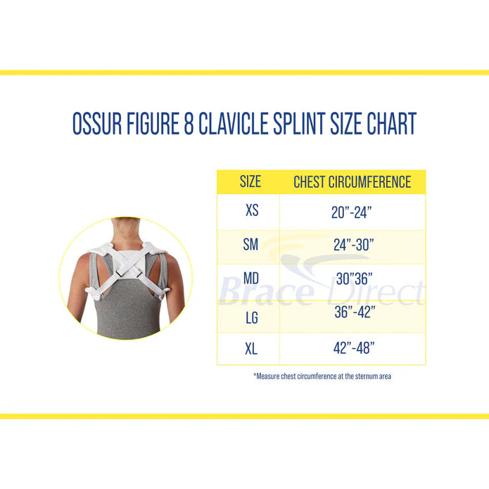 Ossur Figure 8 Clavicle Splint size chart showing XS through XL chest circumference measurements with rear-view fitting photo