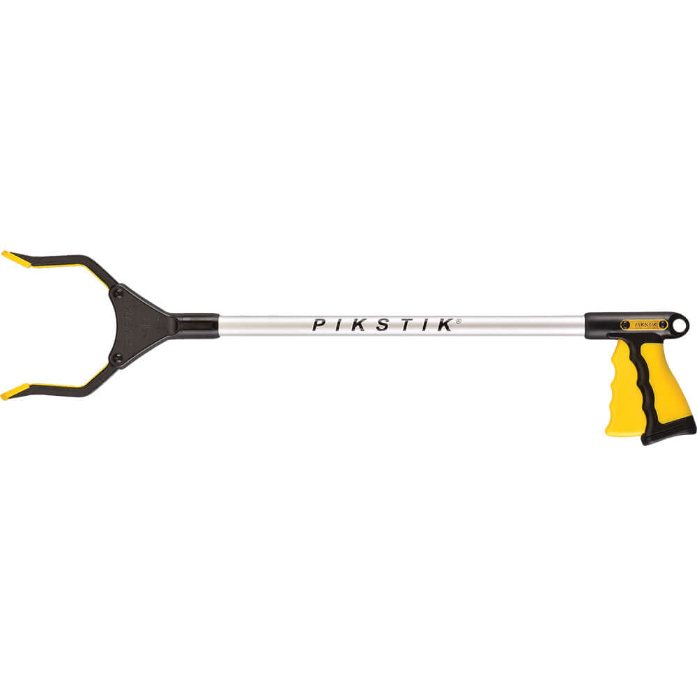 Reacher grabber tool with silver aluminum shaft, yellow and black pistol grip handle, and wide two-prong claw head