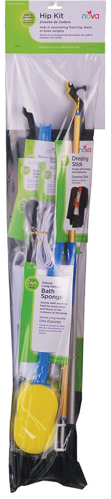 Hip kit package containing long-handled bath sponge, dressing stick, elastic shoelaces, and reacher tool for post-surgery