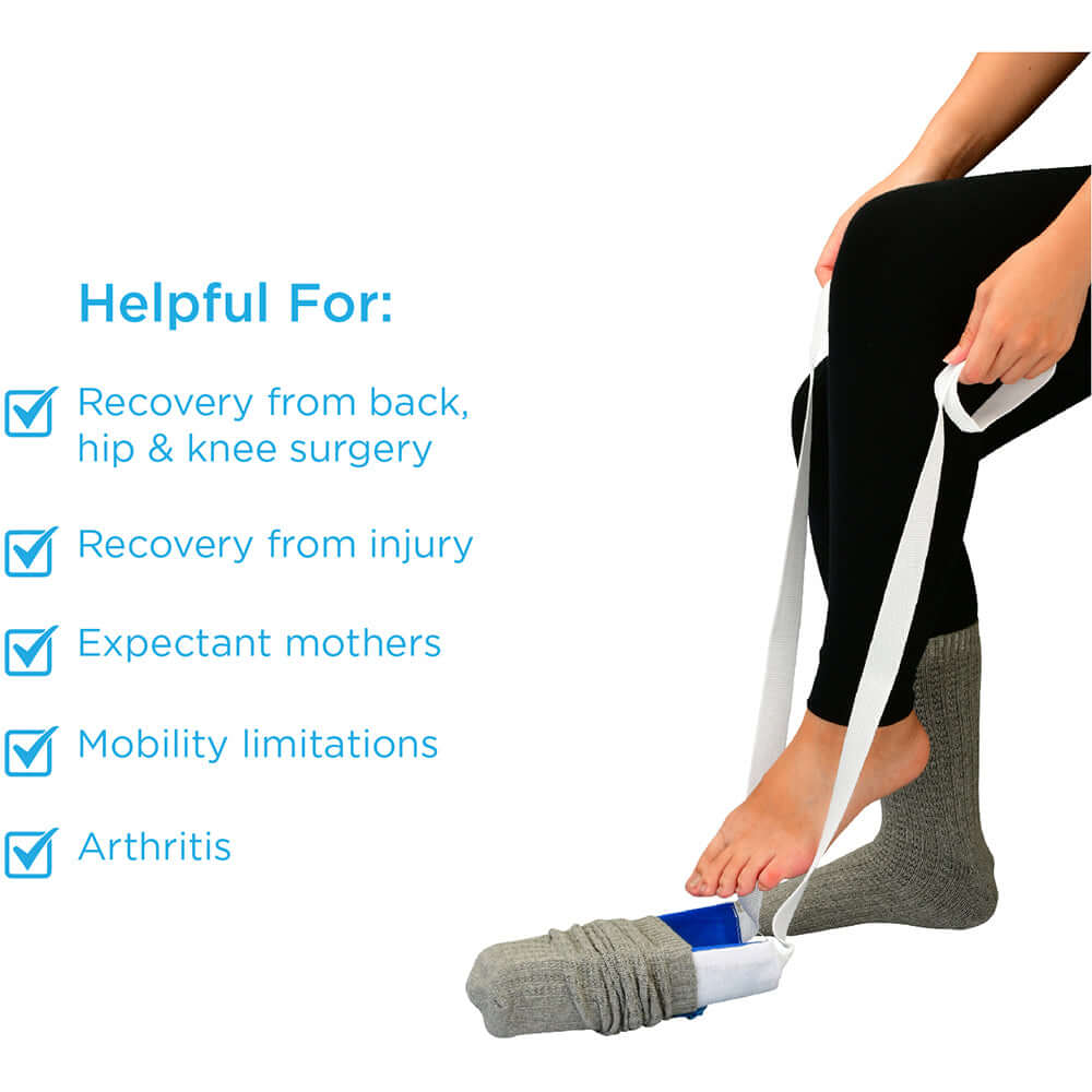 Sock aid with long pull straps being used to slide a gray sock onto a foot without bending over