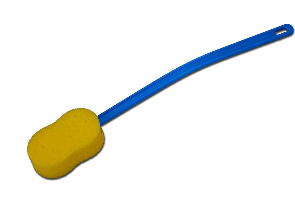 Long-handle bath sponge with yellow foam head and blue plastic handle with hanging hole at end