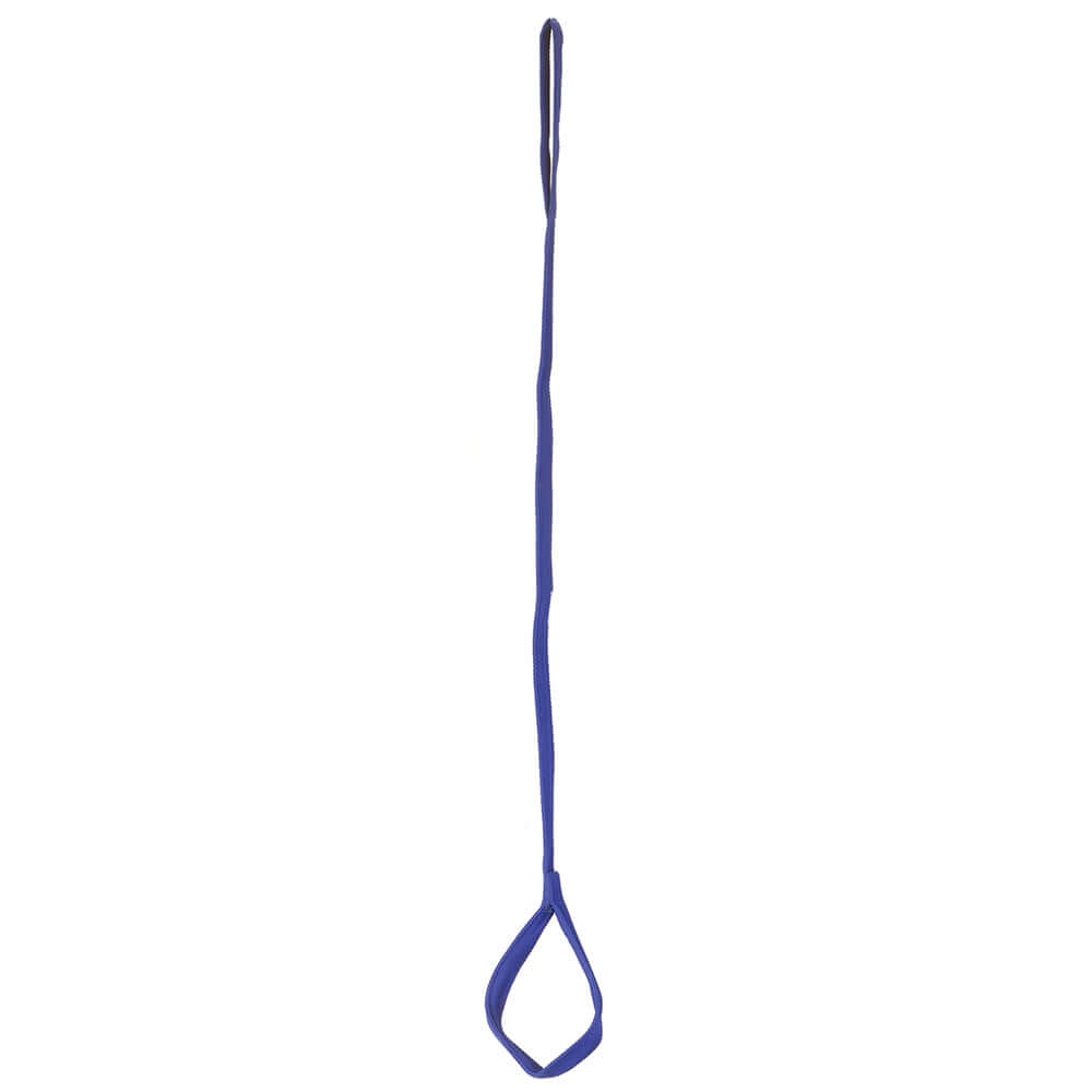 Leg lifter with blue fabric strap, small loop at top and wide foot loop at bottom, on white background